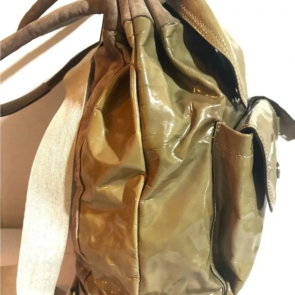 Brunello Cucinelli convertible taupe patent & suede backpack